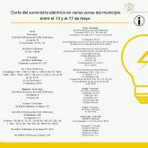 Corte del suministro elctrico en varias zonas del municipio entre el 13 y el 17 de mayo