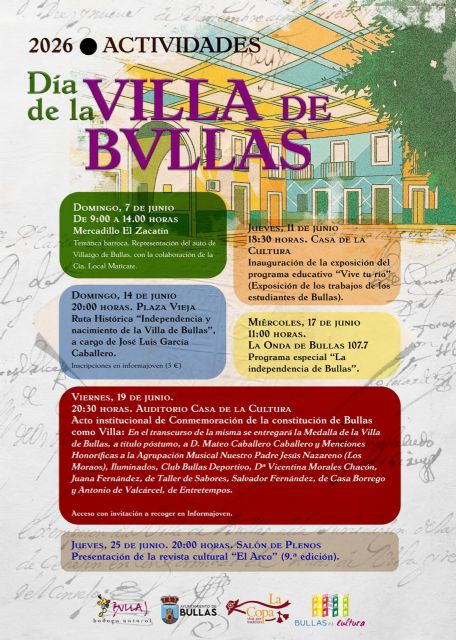 Bullas celebra el Día de la Villa 2026 con un amplio programa cultural y conmemorativo Bullas celebra el Día de la Villa 2026 con un amplio programa cultural y conmemorativo