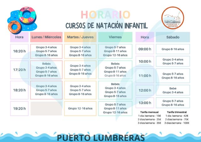 El Ayuntamiento de Puerto Lumbreras abrirá el 1 de septiembre el plazo de inscripción para los cursos de natación en las piscinas de invierno El Ayuntamiento de Puerto Lumbreras abrirá el 1 de septiembre el plazo de inscripción para los cursos de natación en las piscinas de invierno