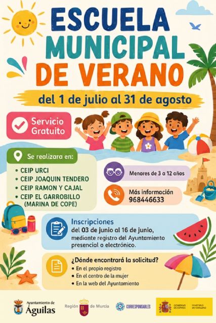 El Ayuntamiento de Águilas reafirma su compromiso con la conciliación familiar con una nueva edición gratuita de la Escuela Municipal de Verano El Ayuntamiento de Águilas reafirma su compromiso con la conciliación familiar con una nueva edición gratuita de la Escuela Municipal de Verano