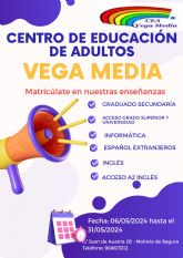 Abierto el plazo de solicitud de matrcula para el Centro de Educacin de Adultos Vega Media de Molina de Segura hasta el da 31 de mayo