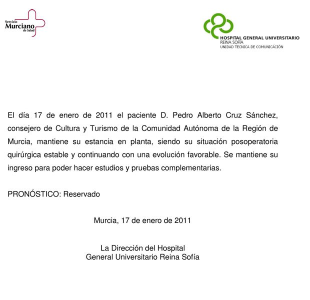 Parte médico del consejero de Cultura y Turismo de la Región de Murcia, Pedro Alberto Cruz (17/01/2011) - 1, Foto 1