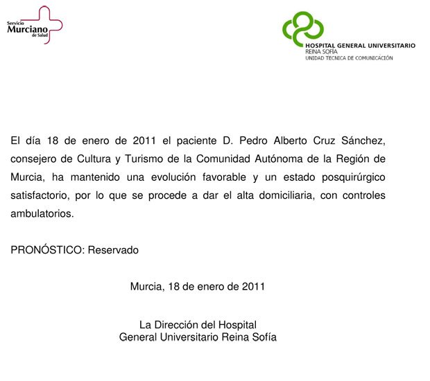 Parte médico del consejero de Cultura y Turismo de la Región de Murcia, Pedro Alberto Cruz (18/01/2011) - 1, Foto 1