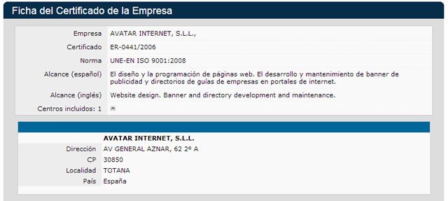 Ficha del Certificado de la Empresa AVATAR INTERNET, Foto 1