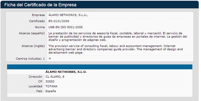 Ficha del Certificado de la Empresa ÁLAMO NETWORKS, Foto 2