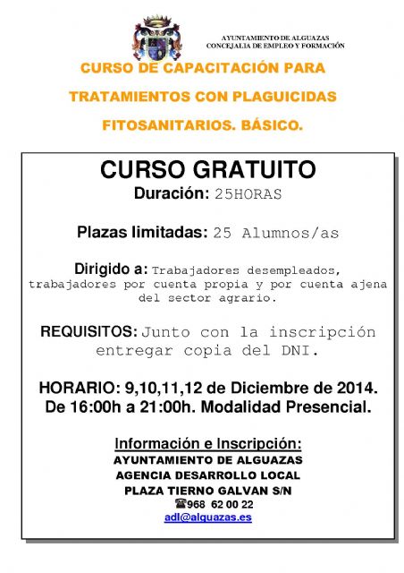 Comienza en Alguazas un curso básico gratuito de capacitación para tratamientos con plaguicidas fitosanitarios impulsado por FECOAM y el Ayuntamiento local - 1, Foto 1