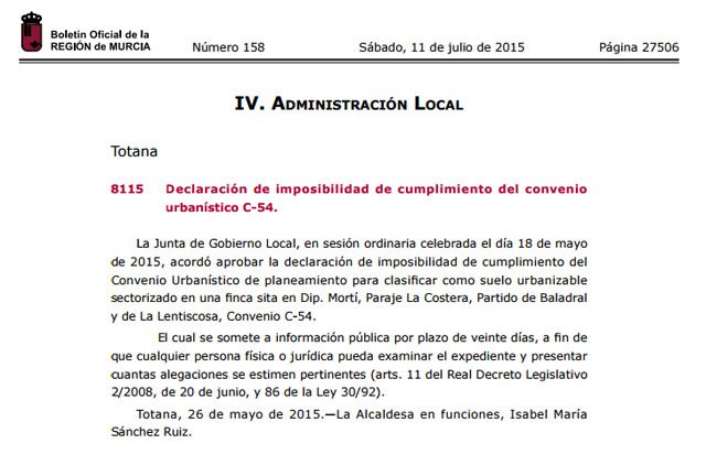 El BORM publica la declaración de imposibilidad de cumplimiento del convenio urbanístico C-54 - 1, Foto 1