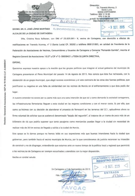 El Gobierno municipal agradece el respaldo de FAVCAC a la moción para la llegada del AVE a Cartagena a través del baipás del Reguerón - 2, Foto 2