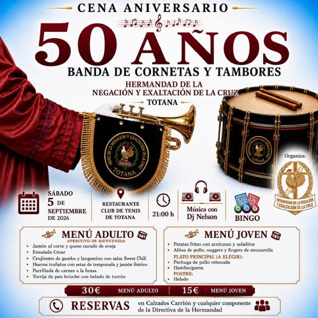 La banda de cornetas y tambores de la Hermandad de la Negación y Exaltación de la Cruz celebra su 50 aniversario con una cena de hermandad La banda de cornetas y tambores de la Hermandad de la Negación y Exaltación de la Cruz celebra su 50 aniversario con una cena de hermandad
