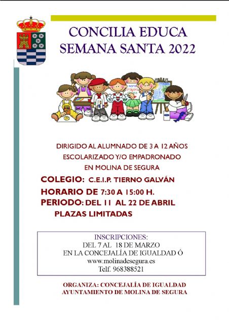 La Concejalía de Igualdad de Molina de Segura abre el plazo de inscripción para el Servicio Concilia Educa Semana Santa 2022 - 1, Foto 1