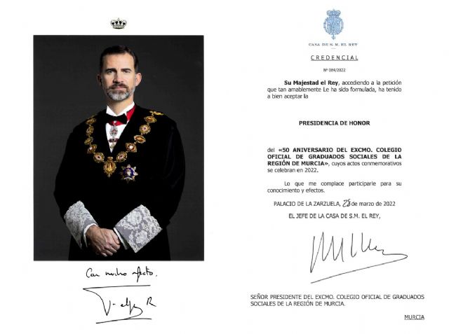 El Rey de España ha aceptado la Presidencia de Honor del 50 Aniversario del Colegio de Graduados Sociales de la Región de Murcia - 1, Foto 1