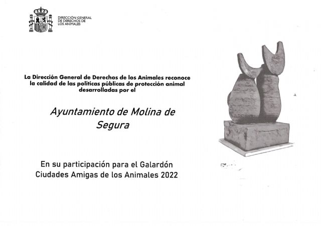 El Ministerio de Derechos Sociales y Agenda 2030 distingue al Ayuntamiento de Molina de Segura con un reconocimiento a la calidad de sus políticas de protección animal - 1, Foto 1