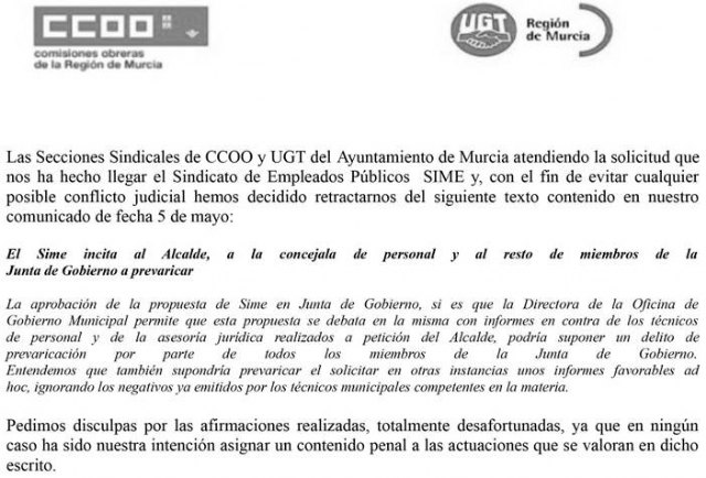 CCOO Y UGT piden disculpas al SIME y se retractan de su acusación de inducir al Ayuntamiento de Murcia a prevaricar - 2, Foto 2