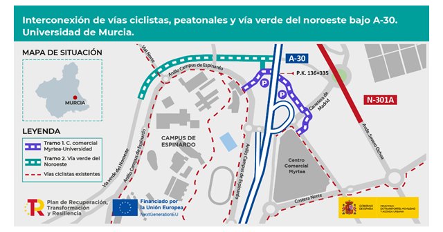 Transportes formaliza por 1,1 millones de euros las obras para conectar las vías ciclistas y peatonales a su paso por la A-30 en Murcia - 1, Foto 1