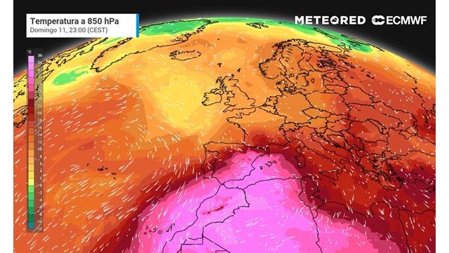 Episodios como el del próximo fin de semana podrían dar lugar pronto a registros de 50 °C en España. En el mapa, temperaturas previstas a unos 1500 metros de altitud., Foto 1