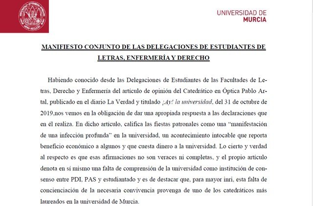 Comunicado conjunto de Letras, Enfermería y Derecho contra las acusaciones del Catedrático en Óptica, Pablo Artal - 1, Foto 1