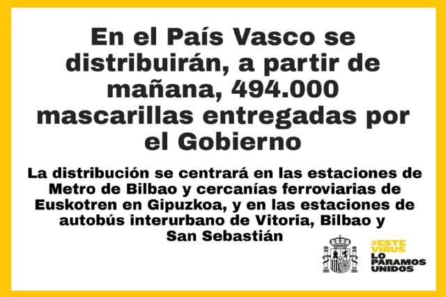 Mañana se inicia la distribución de 494.000 mascarillas entregadas por el Gobierno en el País Vasco - 1, Foto 1