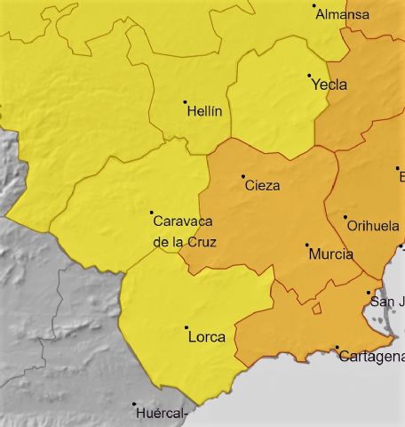 La Agencia Estatal de Meteorología adelanta para hoy sus avisos de fenómenos meteorológicos adversos por lluvias y tormentas (AMARILLO Y NARANJA) en la Región de Murcia - 1, Foto 1