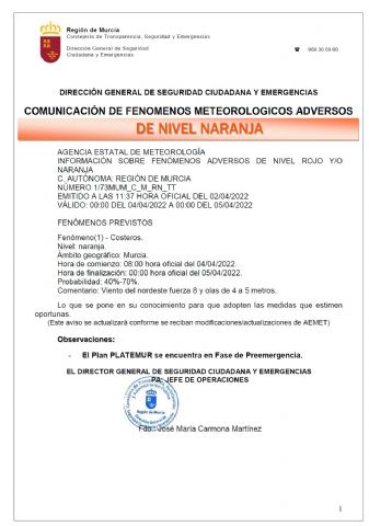 La Dirección General de Seguridad Ciudadana y Emergencias activa en fase de preemergencia el Plan Territorial de Protección Civil de la Región de Murcia - 1, Foto 1