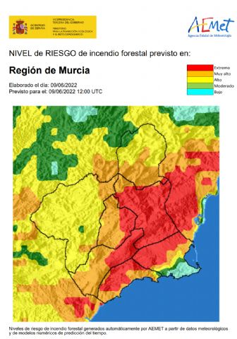 El nivel de riesgo de incendio forestal previsto para hoy jueves, 9 de junio, es extremo en Vega Alta-Ricote-Murcia y muy alto ó alto en el resto de la Región - 1, Foto 1