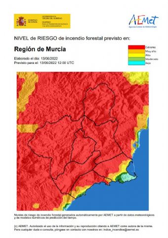 El nivel de riesgo de incendio forestal previsto para hoy lunes es EXTREMO en casi toda la Región de Murcia - 1, Foto 1