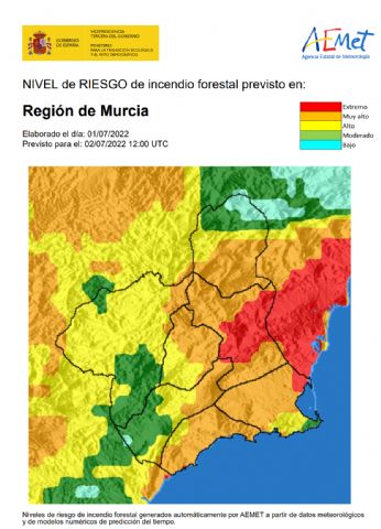 El nivel de riesgo de incendio forestal previsto para hoy sábado, 2 de julio, es muy alto o alto en toda la Región de Murcia - 1, Foto 1