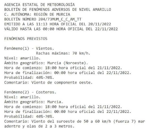 Meteorología sitúa en nivel amarillo de alerta a toda la costa de la Región y a la comarca del Noroeste el próximo lunes día 21 - 1, Foto 1