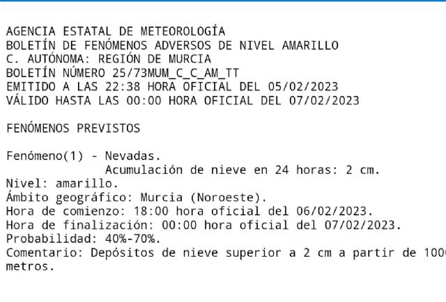 Meteorología emite aviso de nivel amarillo por acumulación de nieve en el Noroeste de la Región de Murcia - 1, Foto 1