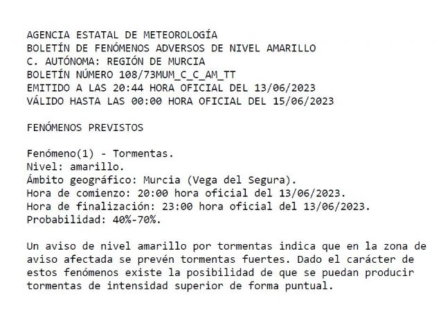 Meteorología amplia nuevamente el aviso de lluvia y tormentas la Vega del Segura, Campo de Cartagena, Mazarrón, Valle del Guadalentín, Lorca y Águilas - 1, Foto 1