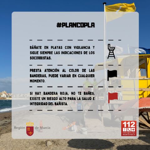 Los puestos de vigilancia de playas del Plan Copla han abierto hoy lunes, 17 de julio, con 1 bandera roja y 23 banderas amarillas en Águilas, Cartagena, San Javier y San Pedro del Pinatar - 1, Foto 1