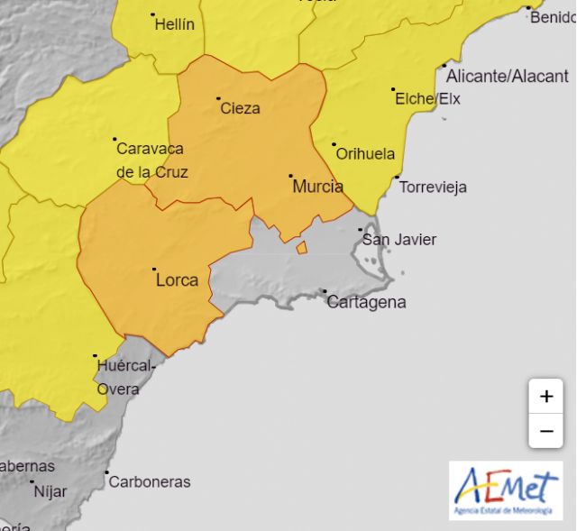 Aemet establece aviso de nivel naranja por fenómenos adversos para hoy, día 20 entre las 13 y 21 horas en la Región de Murcia - 1, Foto 1