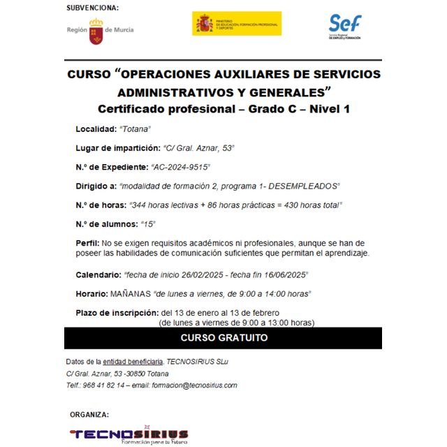 Tecnosirius organiza un curso gratuito de servicios administrativos en Totana, Foto 2