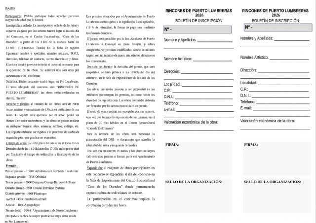 La vigésimo primera edición del Concurso de Pintura al Aire Libre 'Rincones de Puerto Lumbreras' tendrá lugar el 4 de octubre La vigésimo primera edición del Concurso de Pintura al Aire Libre 'Rincones de Puerto Lumbreras' tendrá lugar el 4 de octubre