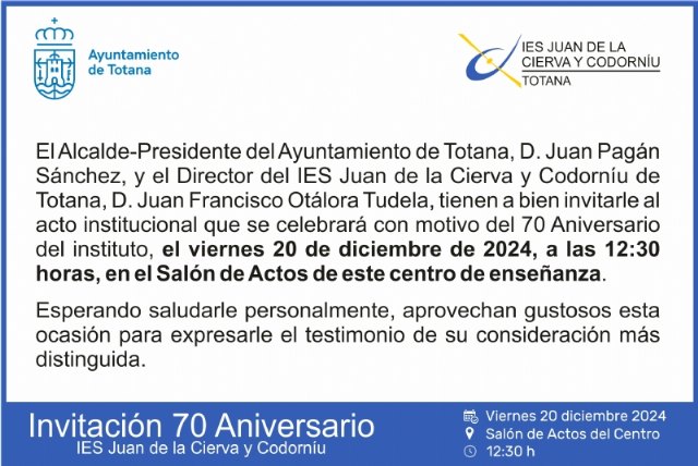 El acto de reconocimiento institucional por el 70 aniversario del IES Juan de la Cierva tendrá lugar el 20 de diciembre - 2, Foto 2