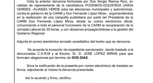 La Junta Electoral abre expediente a López Miras tras la denuncia de Podemos por su carta a los funcionarios - 1, Foto 1