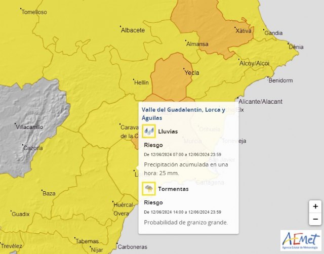 Las fuertes tormentas descargan en el Valle del Guadalentín, que se ha mantenido en aviso amarillo desde las 7 de la mañana