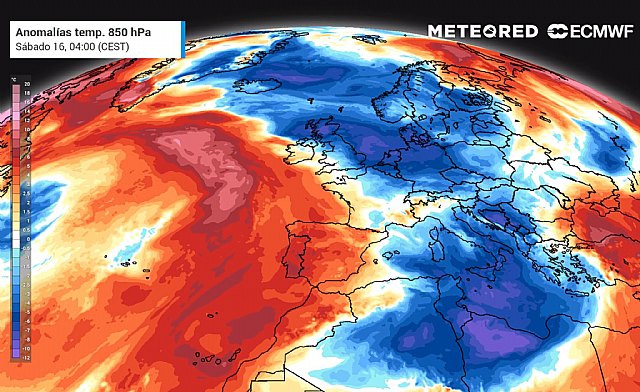 Claras anomalías positivas de temperaturas previstas para el sábado a unos 1500 metros de altitud. Seguirán los mediodías calurosos., Foto 1