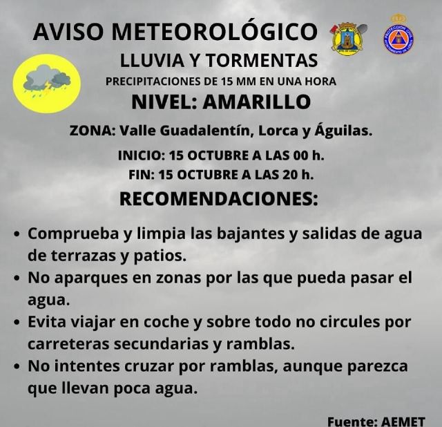 La Agencia Estatal de Meteorología activa el aviso amarillo por lluvias y tormentas en Lorca para hoy - 1, Foto 1