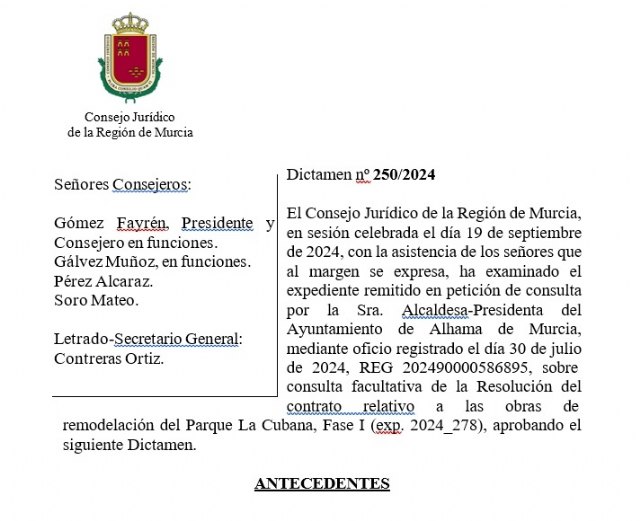 Dictamen del Consejo Jurídico de la Región de Murcia sobre la Resolución del Contrato de Remodelación del Parque La Cubana - 1, Foto 1