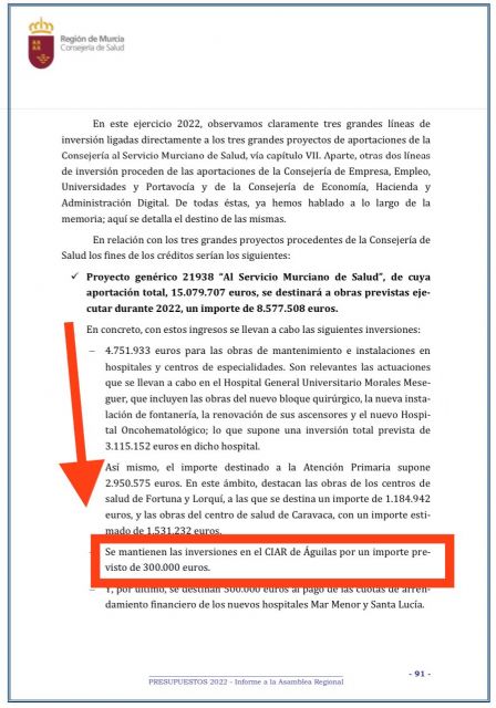 Ruiz Jódar: Los presupuestos regionales recogen una partida de 300.000 euros para iniciar el Centro Integral de Alta Resolución de Águilas - 1, Foto 1