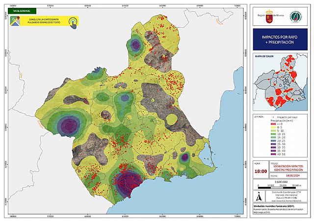 Mapa representativo de los rayos y precipitaciones caídas en la Región de Murcia durante el día 14 de agosto, proporcionado por la UDIF de la Comunidad., Foto 1