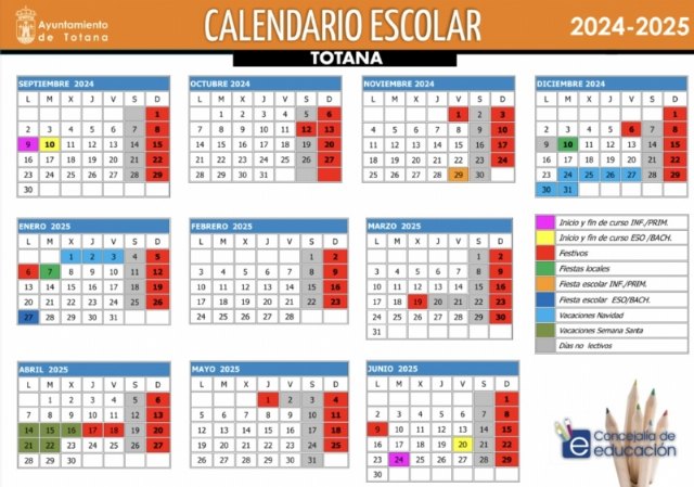 El curso escolar 2024/25 comenzará el 9 de septiembre en Educación Infantil y Primaria, y el día 10 en la ESO y Bachillerato en Totana
