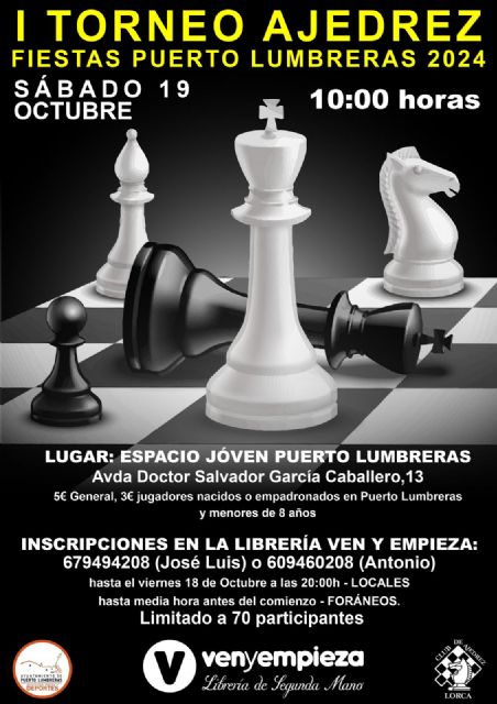 La primera edición del Torneo de Ajedrez 'Fiestas de Puerto Lumbreras' tendrá lugar el sábado, 18 de octubre, en el Espacio Joven del municipio - 1, Foto 1