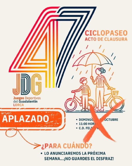 Los 47° JDG aplazan el Ciclopaseo de clausura, previsto para mañana, por la previsión de fenómenos meteorológicos adversos Los 47° JDG aplazan el Ciclopaseo de clausura, previsto para mañana, por la previsión de fenómenos meteorológicos adversos