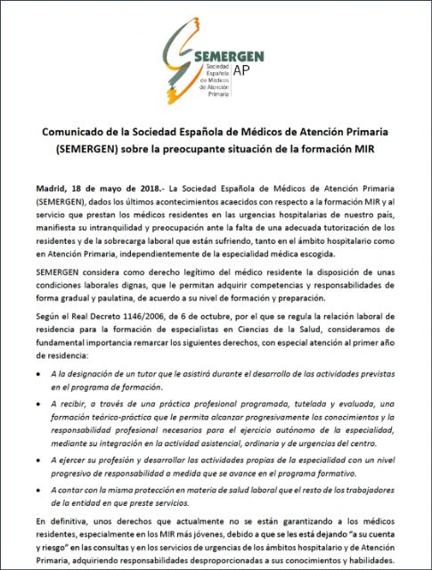 Comunicado de la Sociedad Española de Médicos de Atención Primaria (SEMERGEN) sobre la preocupante situación de la formación MIR - 1, Foto 1