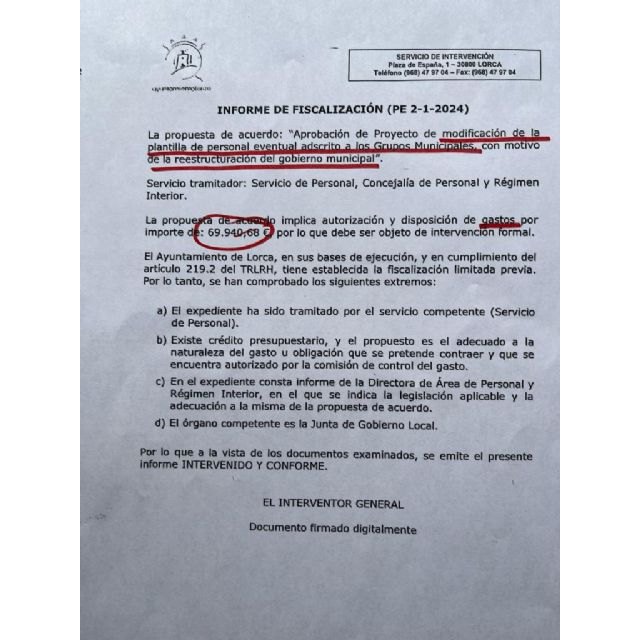 Un informe revela que los lorquinos tendremos que pagar 70.000 euros más para pagar a los tres nuevos asesores que Fulgencio Gil le ha concedido a la extrema derecha - 1, Foto 1