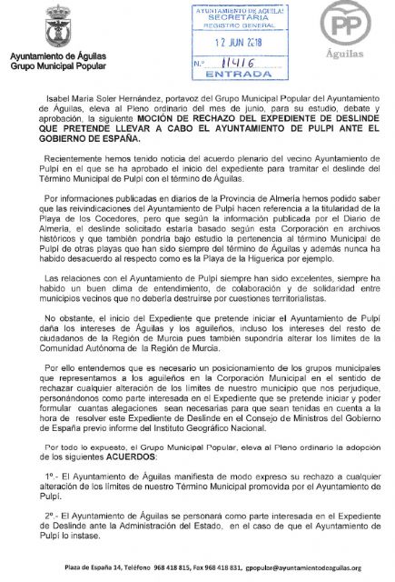 El Grupo Municipal Popular registra una moción en defensa de los límites territoriales actuales de Águilas con el Ayuntamiento de Pulpí - 1, Foto 1