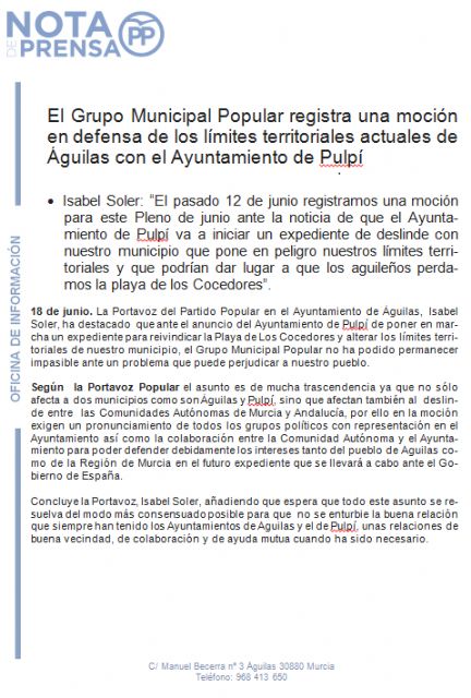 El Grupo Municipal Popular registra una moción en defensa de los límites territoriales actuales de Águilas con el Ayuntamiento de Pulpí - 2, Foto 2