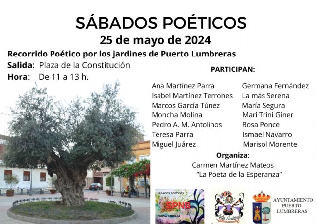 Puerto Lumbreras celebrará el evento Sábados Poéticos, el próximo 25 de mayo, con un recorrido y recital por las plazas del municipio - 1, Foto 1