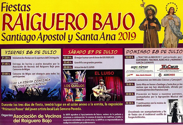 Las fiestas del Raiguero Bajo en honor a Santiago Apóstol y Santa Ana se celebran este próximo fin de semana del 26 al 28 de julio, Foto 1